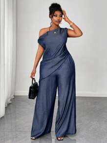 Maweii Bộ 2 áo thun trơn cổ không đối xứng cỡ lớn và quần ống rộng, trang phục thời trang mùa hè - Màu xanh hải quân - Xem 3