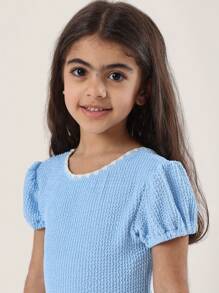 SUMWON Swimming Leotard With Puff Sleeves Retro Style High Coverage Swimsuit Textured Fabric Competition Dancewear Beach Training Practice - Dusty Blue - View 3