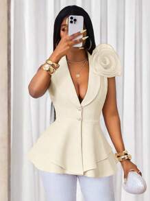 BamGleam Three-Dimensional Flower Sleeveless Suit Jacket - Apricot - View 3