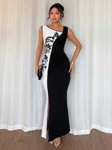 Chiquease Women's Elegant Pleated Patchwork Long Dress - Black and White - View 6