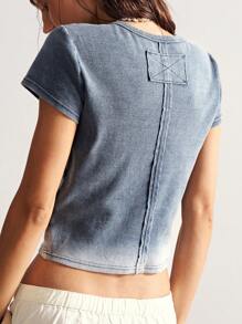 Bohemela Casual Solid Color Knitted Round Neck Short Sleeve Loose Washed Cotton Women T-Shirt