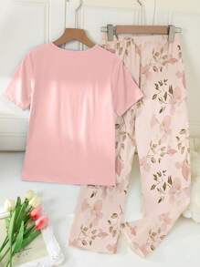 GraphicGems Girls Solid Color Round Neck Short Sleeve Pullover Set With Floral Print Long Pants, Loose Knit Fabric Comfortable Casual Homewear Set