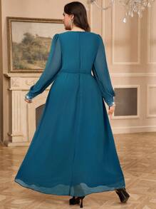 Modelyn Plus Size Women Rhinestone Decor Ruched Lantern Sleeve Elegant Dress