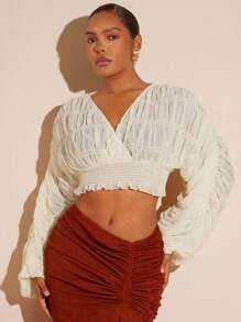 Hauture Women's Deep V-Neck Ruched Long Sleeves Sheer Crop Top - Beige - View 1