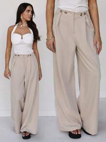 Roylia Women's Casual Solid Color Folding Pleated Spring/Summer Long Pants - Apricot - View 1