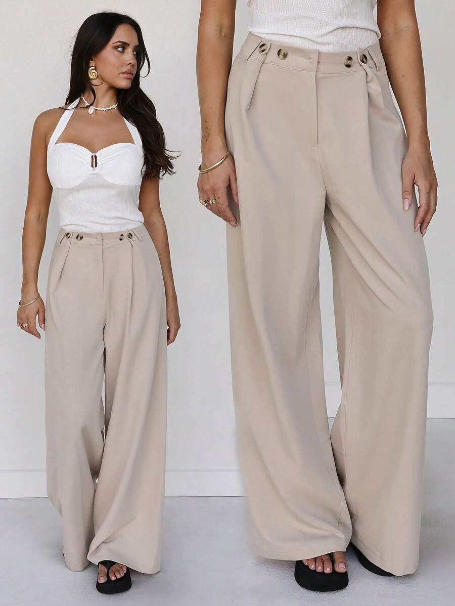 Roylia Women's Casual Solid Color Folding Pleated Spring/Summer Long Pants - Apricot - View 1
