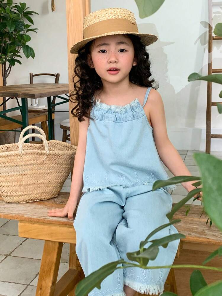 Young Girls Denim Top With Tie Detail And Denim Pants, Casual Denim Outfit For Summer