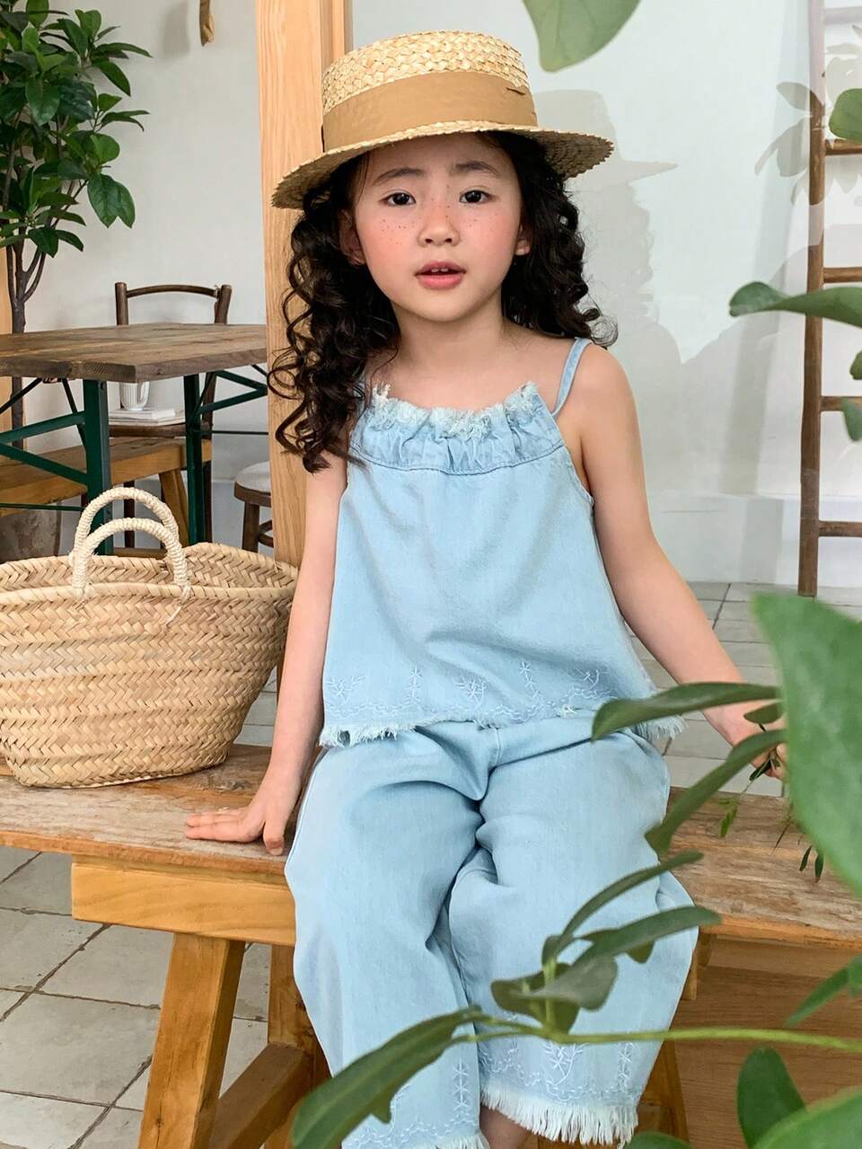 Young Girls Denim Top With Tie Detail And Denim Pants, Casual Denim Outfit For Summer