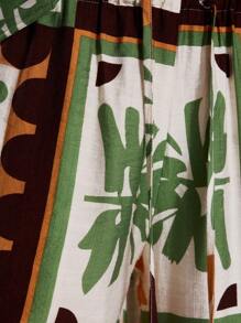 MUSERA 印花图案阔腿亚麻质感系带腰裤，夏季度假机场穿搭，时尚优雅 - 綠色 - 查看 6