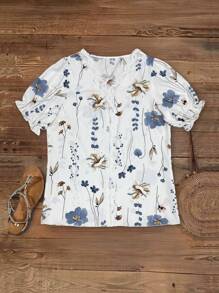 SHEIN Tall Women Floral Print Contrast Color Lace Puff Sleeve Shirt Blouse, Casual Top For Summer