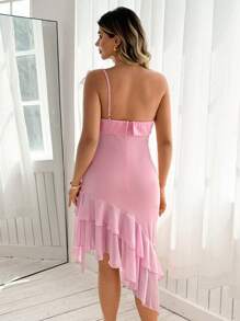 Flirla Plus Size Elegant Solid Color 3D Flower Decor Ruffle Asymmetric Hem Dress - Pink - View 2