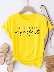 SHEIN LUNE Letter Graphic Short Sleeve Tee PERFECTLY Imperfect Graphic Tees Women Tops