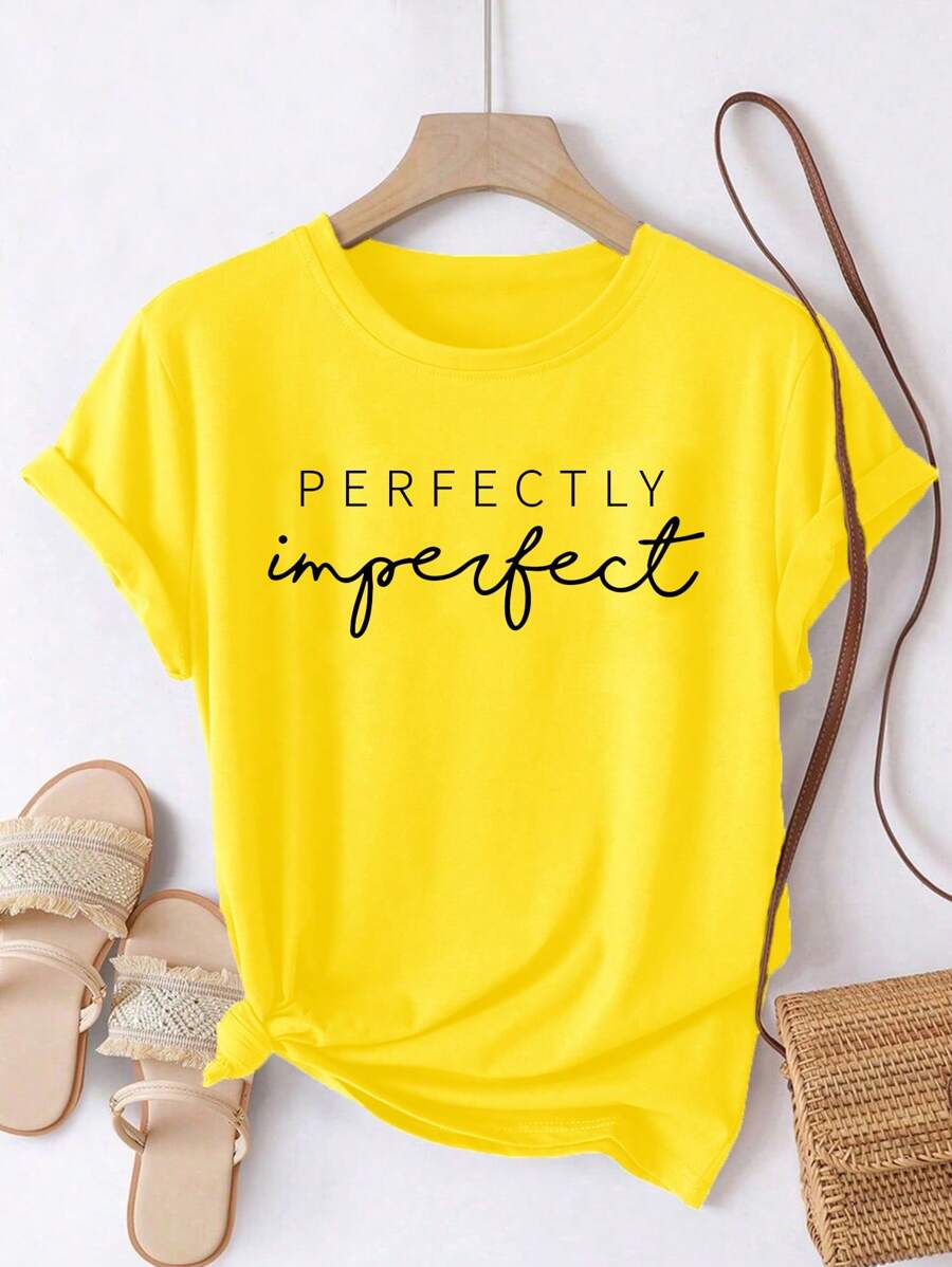 SHEIN LUNE Letter Graphic Short Sleeve Tee PERFECTLY Imperfect Graphic Tees Women Tops