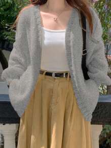 DAZY Áo khoác cardigan hở phía trước dáng rộng màu trơn thường ngày cho nữ, phù hợp cho mùa thu đông, quần áo mùa thu cho nữ - Màu xanh lam - Xem 5