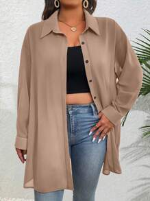 EMERY ROSE Damen Große Größen Lässig Loose Long Chiffon Bluse, transparent, geeignet für den Sommer