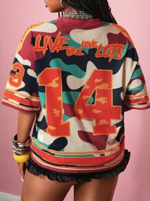 Slaydiva 2025 夏季新款街头风格休闲宽松 V 领彩色全迷彩印花 T 恤女款，适合音乐节、日常外出、毕业派对、俱乐部、街头风格、网眼设计、运动图形元素 - B - 彩色 - 查看 2