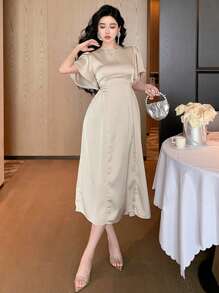 DAZY Elegant Solid Color Round Neck Ruffle Sleeve Long Dress For Women, Summer Prom Dress - Beige - View 8