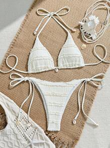 Swim Mod 2 件套女士沙滩比基尼套装，提花面料侧系带可爱泳衣 - 杏色 - 查看 2