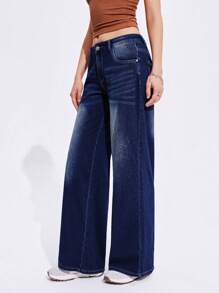 SHEIN Unity Women's Low Waist Straight Leg Knit Jeans - Dark Wash - View 5