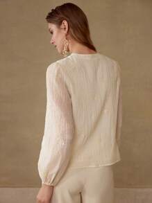 MOTF PREMIUM EMBROIDERY TIE NECK TOP - Apricot - View 5