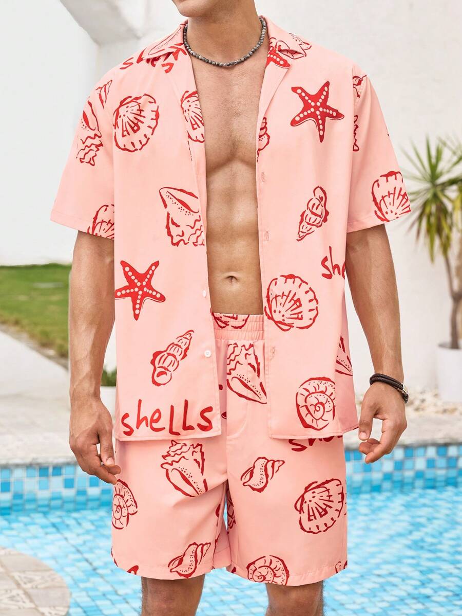 Manfinity VCAY Men's Casual Slim-Fit Shell & Starfish Printed Woven Short Sleeve Shirt & Shorts Set, Suitable For Summer - Multicolor - View 1