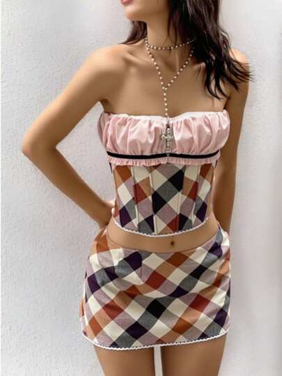 Jouncy 2pcs/Set Women Geometric Print Contrast Color Bandeau Top And Mini Skirt