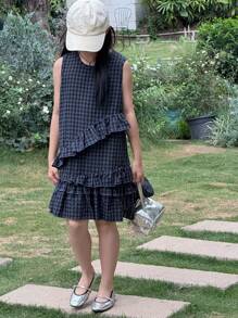 DAZY Vestido de punto sin mangas de estilo escocés para niñas, ropa de verano y vuelta al colegio