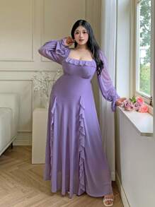 Feyla Plus Size Women Solid Color Ruffle Edge Square Neck Flare Sleeve Elegant Dress - Mauve Purple - View 6