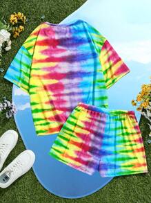 Teletubbies X SHEIN Set estivo di maglietta e pantaloncini da donna, tie-dye colorato, motivo a cartone animato, multicolore, collezione Pride Month, set ampio, casual e fresco, TINKY WINKY, DIPSY, LAA-LAA, Po, adatto a tutto, per uso quotidiano, stile Y2K