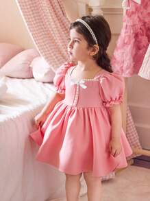 Vestido corto de verano elegante y lindo para bebé niña, con mangas con volantes y lazo rosa - Rosa - Ver 4