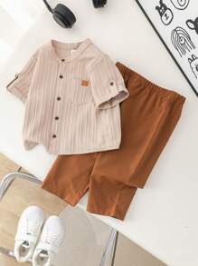 SHEIN LMoss Kids 2 件套婴儿幼儿男童/女童休闲简约纯色短袖衬衫上衣和松紧腰纯色裤子套装，春夏秋 - 彩色 - 查看 3