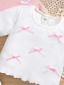 SHEIN LMoss Kids 2 件套 Babygirl 可爱蝴蝶结针织短袖上衣，夏季百搭 - 粉色 - 查看 6