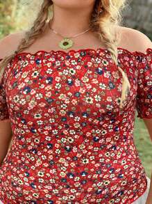 SHEIN VCAY Plus Size Ditsy Floral Off Shoulder Short Sleeve T-Shirt, Vacation Style - Burgundy - View 7