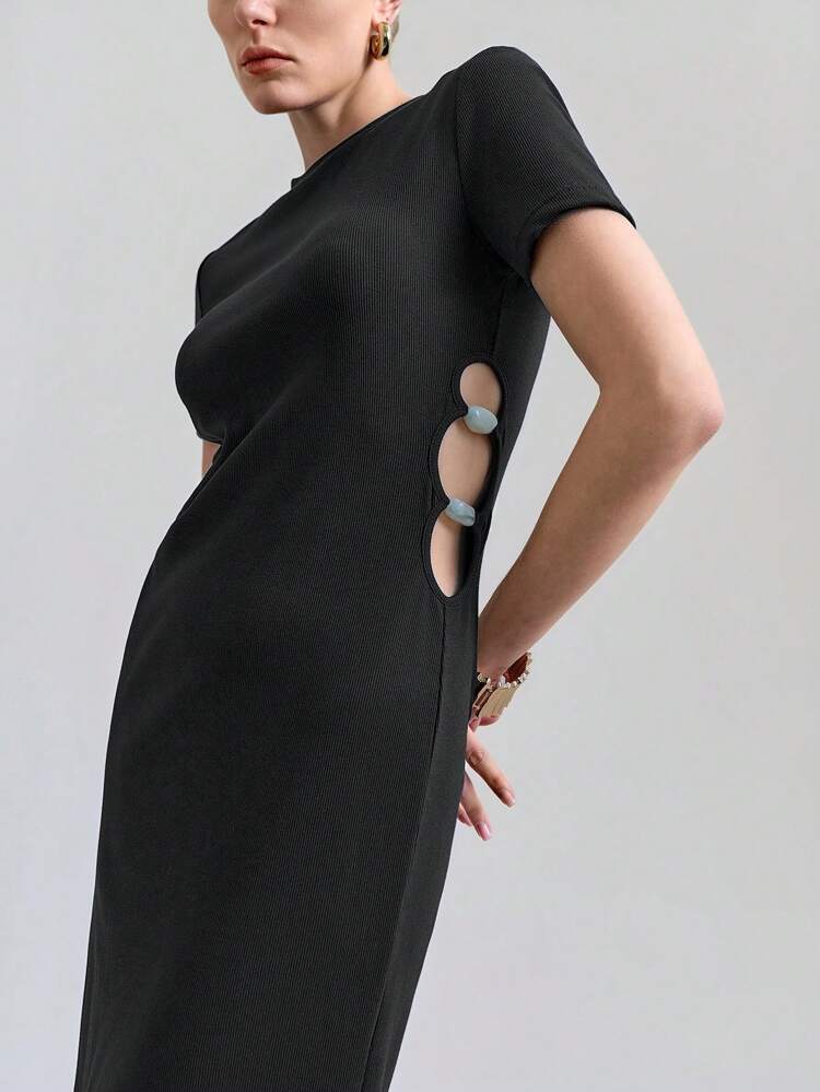 Women's Solid Color Round Neck Short Sleeve Side Hollow Waist Fashionable Dress
