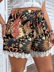 Breezaya Regular Plus Size Bohemian Printed Contrast Lace Shorts - Multicolor - View 5