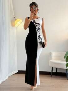 Chiquease Women's Elegant Pleated Patchwork Long Dress - Black and White - View 3