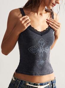Bohemela Áo tank top dệt kim ôm sát kiểu Mỹ cổ điển với họa tiết chữ thập và ren in hoa dành cho nữ. - màu đen - Xem 6