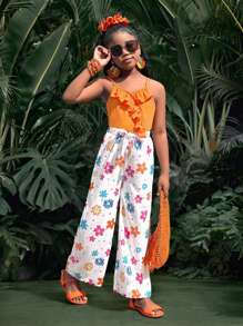 SHEIN Summer Girl 2 Pieces Set,Delicate Frill Cami Top & Fresh Floral Print Pants,White,Funny,Vacation,Holiday Outfit For Outings & Photos,Comfortable Style - Orange - View 1
