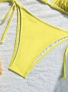 Swim Mod 3pcs Women Casual/Vacation Cherry Print Bikini Swimsuit Set - Yellow - View 4