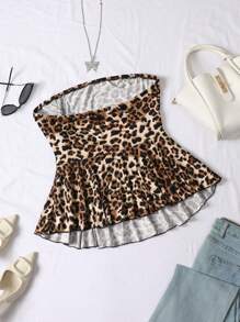 SHEIN PETITE CURVE Top a fascia da donna con volant a stampa leopardata e taglie oversize
