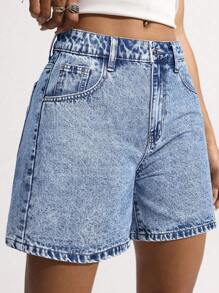 SHEIN EZwear 女士蝴蝶结刺绣口袋休闲牛仔短裤，夏季 - 淺色水洗藍 - 查看 6