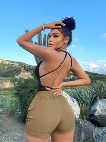 SHEIN SXY Summer Casual Solid Color Cargo Shorts - Khaki - View 2