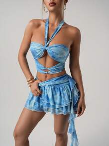SHEIN ICON Y2K 风格露背扭纹镂空上衣和垂坠蛋糕裙套装，春季性感装扮 - 藍色 - 查看 3