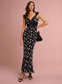 Enchnt 女式花卉印花蕾丝拼布优雅连衣裙 - 黑色 - 查看 1