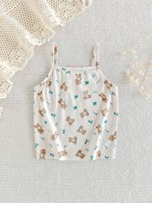 Young Girl' Minimalist Fresh Apricot Ditsy Floral & Bear Pattern Collar Contrast Lace Ruffle Bow Decor Camisole Casual Undershirt Young Girl Summer Outfits Young Girls Clothing Summer Tops Little Girl Summer Tops Toddler Summer Girl Clothes