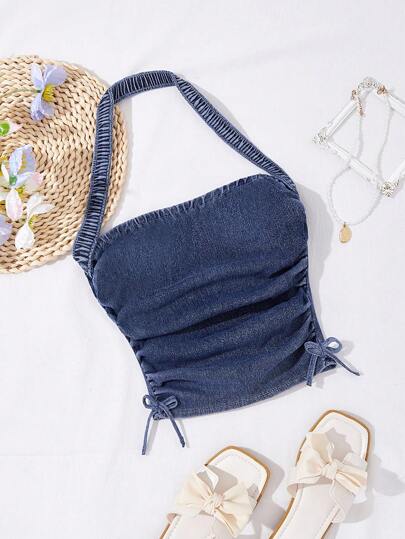 SHEIN Moda callejera casual de primavera y verano para adolescentes, todo a juego, diaria, versátil, de ocio, vacaciones - Top crop de cuello alto con pliegues, Blusas de verano bohemias cómodas para playa y vacaciones, Atuendos de estilo universitario para conciertos de verano y festivales