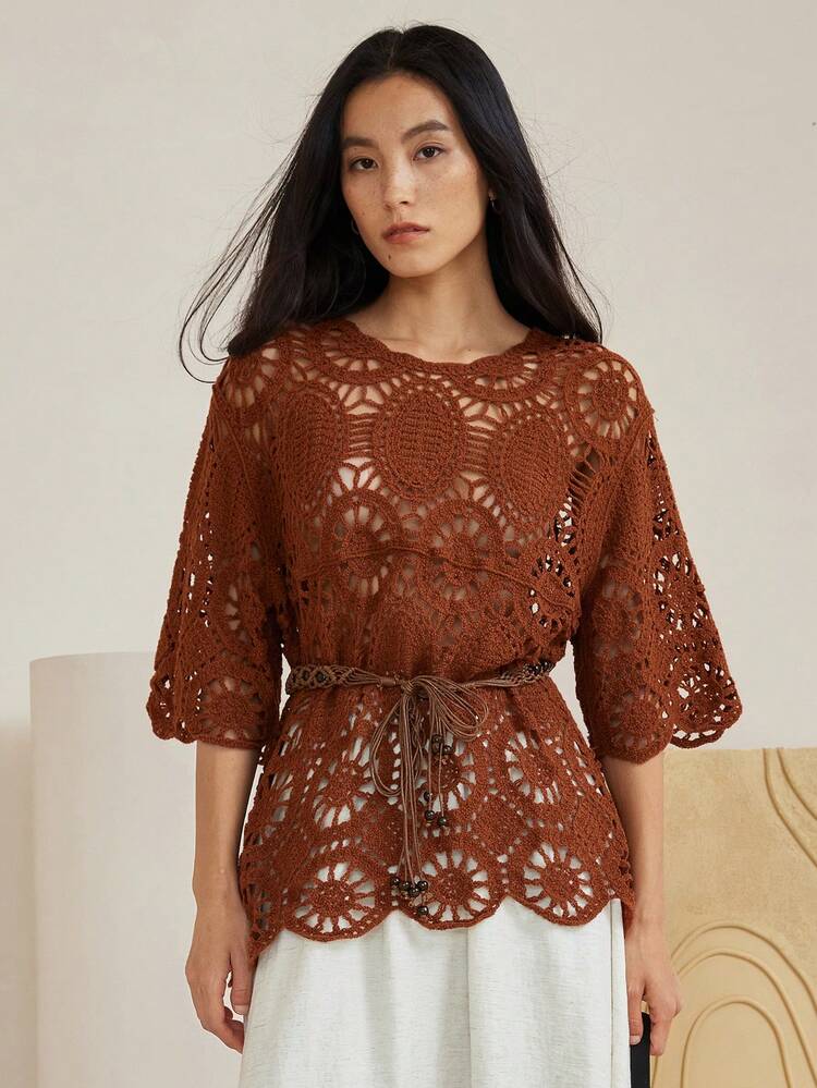 Casual Crochet Fishnet Knitted Short Sleeve Cover Up Cover Up For Women, Summer Business Casual Woman Work Clothes