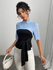 Elenzga Women's Color Block Striped Short Sleeve Tie Waist Casual Shirt - Multicolor - View 6