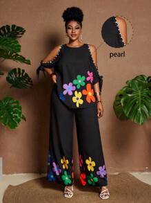 Maweii 2 件加大码套装：卡通花卉露肩上衣和简约假日长裤，适合夏季 - 黑色 - 查看 1