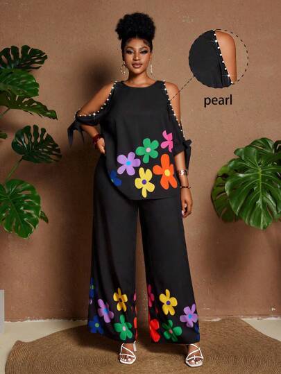 Maweii 2 pezzi Set Plus Size: Top spalle scoperte floreale a cartone animato e pantaloni lunghi minimalisti per le vacanze estive